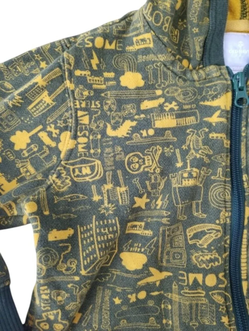 OLD NAVY Green and Yellow Little Boy Print Zip Front Hooded Sweatshirt Boys 3T